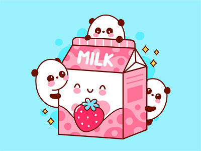 Strawberry milk animals asian card cartoon character concept cute drink flavored fruit happy illustration kawaii line milk panda poster print strawberry sweet