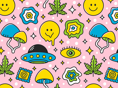 Trippy pattern acid alien cartoon character concept crazy dope eye good vibes hippie illustration magic marijuana mushrooms seamless pattern smile trip trippy ufo weed