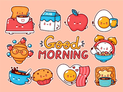 Good morning! alarm clock breakfast bundle cartoon character coffee concept cute eat egg face good morning illustration kawaii line meal set stickers toast waffles