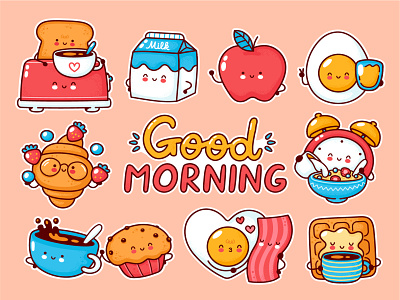 Good morning! alarm clock breakfast bundle cartoon character coffee concept cute eat egg face good morning illustration kawaii line meal set stickers toast waffles