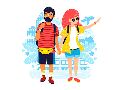 Traveling couple cartoon character concept family happy honeymoon illustration illustration art people road romantic tour tourism tourist travel traveling trip vacation world young