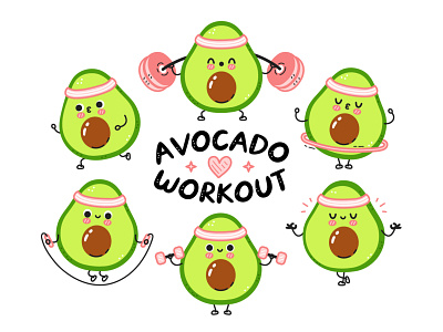 Avocado fitness bundle cartoon character concept cute doodle dumbbell exercises gym illustration jugging kawaii marathon meditate run set sport vegan workout yoga