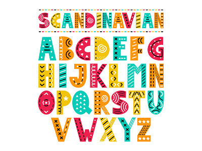 Scandinavian font abc alphabet art cartoon cute design doodle font funny hand drawn illustration letter lettering nursery psychedelic scandinavian style text type vector