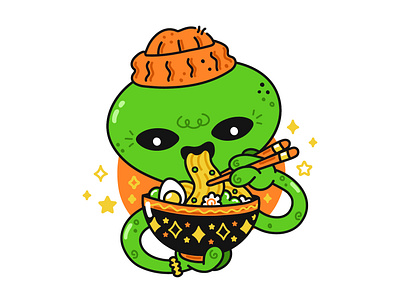 Alien and Ramen asian bowl cartoon character chinese cute dinner eat food illustration japanese kawaii korean logo mascot noodle poster print ramen soup