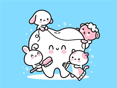 Cute animals clean teeth bunny cartoon cat character children clean cute dental health hygiene illustration kawaii kids lamb oral puppy teeth tooth toothbrush toothpaste