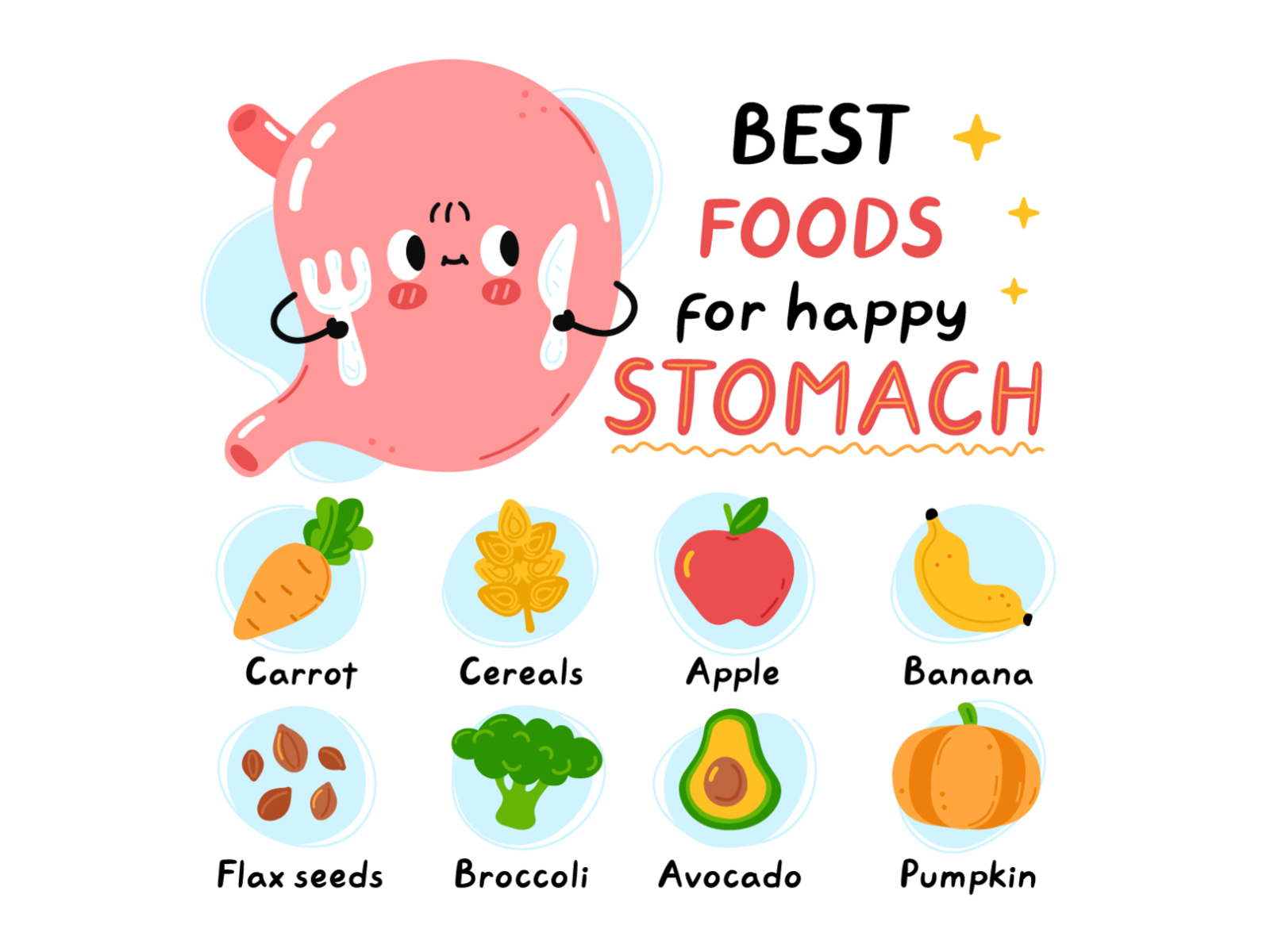 Best foods for happy stomach intestine fruits vegetables happy healthy poster infographic design kawaii cute cartoon character illustration