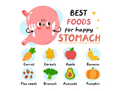 Best foods for happy stomach cartoon character cute design fruits happy healthy illustration infographic intestine kawaii poster vegetables