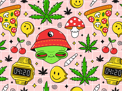 4:20 pattern 420 4:20 alien cannabis cartoon character cute dope good vibes high illustration kawaii marijuana pattern pizza print seamless smiley face smoking weed