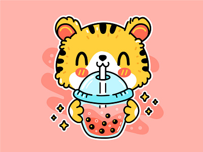 Tiger and boba animal cartoon cat character coffee cup cute dessert illustration kawaii logo smoothie sweet tiger