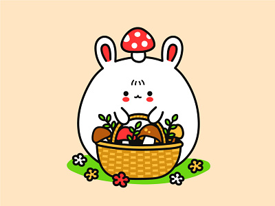 Mushrooming amanita animal baby brown bunny cartoon character cute forest fun funny happy head illustration kawaii mushroom mushrooming porcini rabbit wicker