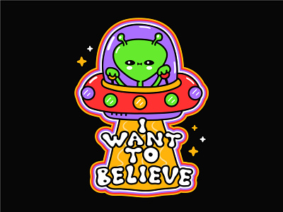 I want to believe alien card cartoon character concept creature cute flying green i want to believe illustration kawaii kids monster poster print saucer sci fi t shirt ufo