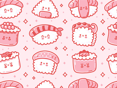Sushi pattern cartoon character cute emoji face food illustration kawaii roll salmon