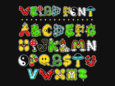 Weird font abc acid alphabet cartoon character concept cute drug font high illustration lettering letters lsd magic mushroom psychedelic trippy weed weird