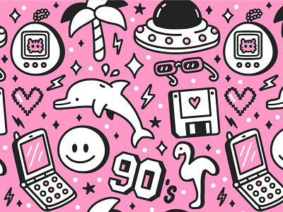 90s pattern 1990 90s cartoon cellphone character dolphin doodle hand drawn illustration party pattern poster print retro sea seamless summer tamagotchi teen vintage