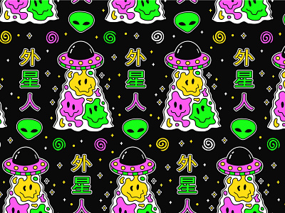Alien pattern abduction alien cartoon character cosmos cute emoji face fashion flying happy illustration pattern saucer seamless smile smiley space ufo wallpaper
