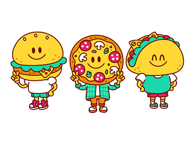 Fast food guys boy burger cartoon character cool cute face fast food friends guy happy illustration kawaii mexican pizza set smile smiley taco