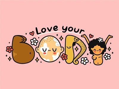 Body positive beauty body cartoon character cute feminism girl happy illustration kawaii lady lettering love plussize positive power sisterhood skin vitiligo woman