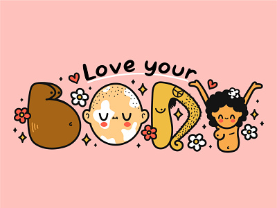 Body positive beauty body cartoon character cute feminism girl happy illustration kawaii lady lettering love plussize positive power sisterhood skin vitiligo woman