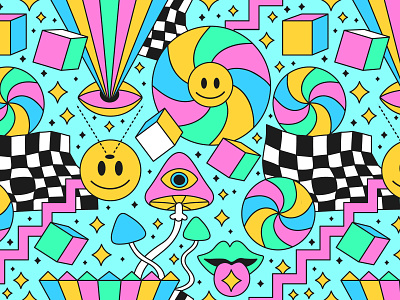 Psychedelic pattern 60s 70s acid cartoon crazy dope face groovy illustration lsd pattern print psychedelic rainbow seamless smiley surreal trip trippy wallpaper