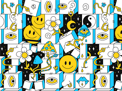 Trippy pattern 60s 70s acid cartoon cube emoji face geometry groovy hippie illustration lsd pattern poster psychedelic seamless smiley snake trip trippy