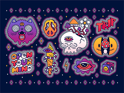 Psychedelic sticker set acid bundle cartoon cat character collection crazy illustration joint lsd magic mushroom pack set smiley stickers surreal trip trippy weed
