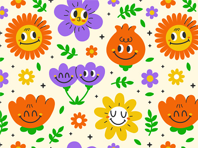 Cute flowers bloom blossom cartoon chamomile character cute face floral flower garden happy illustration kawaii nature pattern plant retro seamless smiley spring