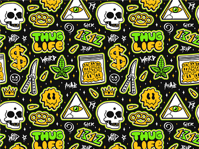 Thug life pattern bandit cannabis crazy criminal doodle drug fashion gangster gangta ghetto graphiti hooligan illustration life pattern seamless street thug trippy weed