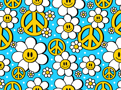 Hippie pattern 60s 70s background camomile cartoon chamomile character cute doodle flower groovy hippie illustration kawaii pattern peace seamless sign symbol vintage