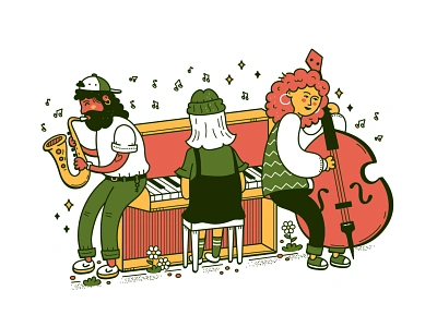 Street Jazz acoustic blues cartoon character concept concert cute hipster illustration improvisation jazz live music performance piano play poster retro saxophone street