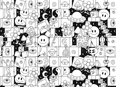 Monochrome psychedelic pattern 60s acid black book cartoon character coloring dmt doodle draw drawing groovy illustration line lsd page psychedelic trip trippy white