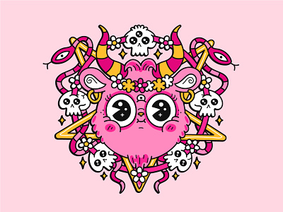 Cute devil cartoon character cult cute demon devil frminism girl goat head illustration kawaii occult pentagram pink poster satan satanic sticker t shirt