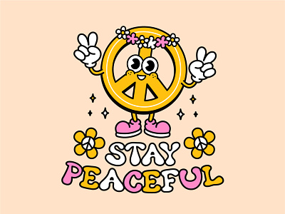 Stay peaceful 60s 70s cartoon character child cute flower good vibes hippie hippy illustration kawaii pacific pacifism peace positive poster print sixties t shirt