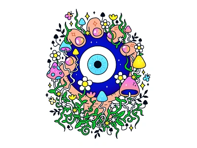 Evil eye acid cartoon character evil eye hand hippie illustration lsd magic mushroom mystic poster psilocybe psilocybin third trip trippy witch wizard