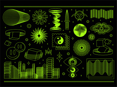 Digitial acid 90s abstract acid cyber digital future futuristic grid illusion illustration line lsd matrix modern psychedelic set space techno visual warp