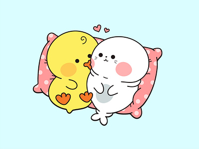 Duck and seal animal baby cartoon character cute duck girl illustration kawaii kiss little love pillow poster relationship relax rest romantic sleap valentines day