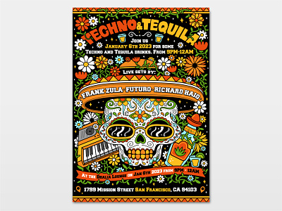 Flyer design bloom cartoon character day dead drink flower flyer illustration mexican mexico party poster print rave skull sombrero sugar techno tequila