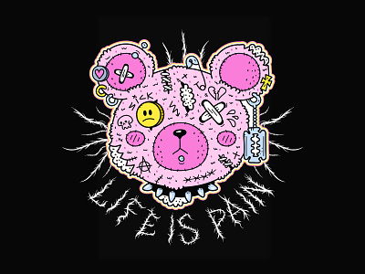 Life is pain beer broken cartoon character cute dead doll emo illustration pink poster print punk stuffed subculture suicide t shirt teddy toy tshirt