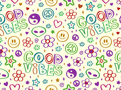 Good vibes 60s art background cartoon character cute doodle flower good groovy hippie hippy illustration love only pattern peace seamless vibes wallpaper