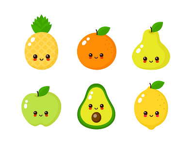 Cute fruits apple avocado cartoon character concept cute design face flat food fruits illustration kawaii lemon modern orange pear pineapple smiling vector