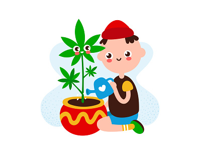 Water your plant 420 cannabis cartoon character concept cute dope drawing flat grow hand illustration kawaii marijuana modern plant sativa vector water weed