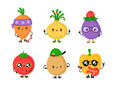 Vegetable buddys set carrot cartoon character concept cool cute fashion food hipster illustration modern onion pepper potato set skate tomato trendy vector vegetable