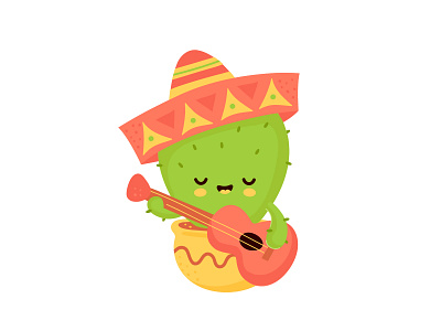 Mexico cactus cartoon character concept cute design drawing flat guitar hand happy illustration kawaii mascot mexican mexico sing smiling song style vector