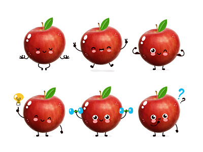 Funny apple character apple cartoon character collage concept cute design diet dumbbells fitness food fruit funny happy illustration kawaii mascot nutrtion sport yoga