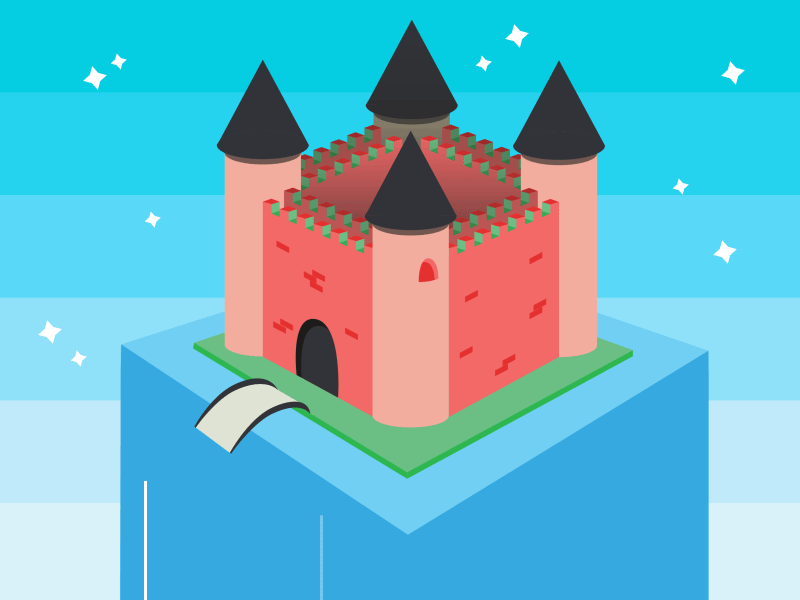 Red floating castle building castle illustration minimal stars water