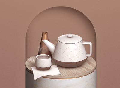 Tea Time 🍵 3d 3dfordesigners c4d ceramic copper drink marble metal napkin steam tea teacup teapot texture wood