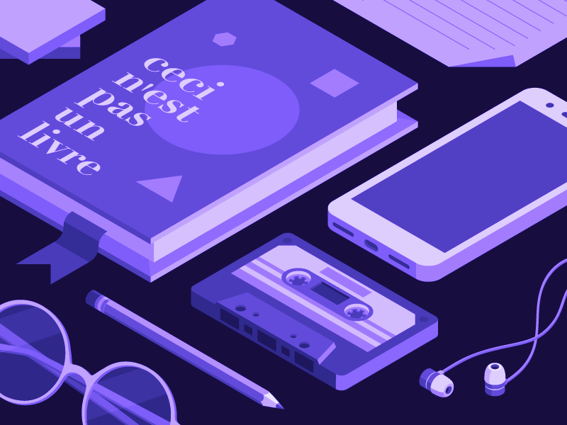 Audiobook illustration isometric paper glasses pencil earbuds cassette phone book