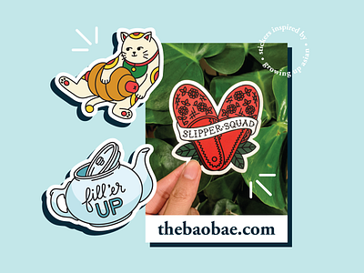 SHOP LAUNCH 🎉 asian cat chinese dimsum heart hotdog illustration lucky cat slippers sticker teapot yumcha