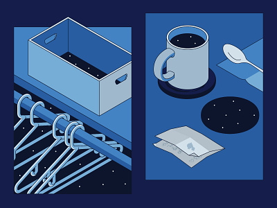 Empty Spaces 2 blue box closet cup hangers illustration isometric note space spoon stars
