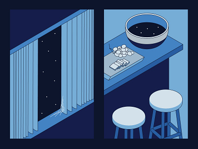 Empty Spaces 3 bar stools blue bowl food illustration isometric space stars window