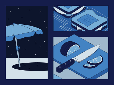 Empty Spaces 4 beach blue illustration isometric note oranges picnic sandwich snacks space stars umbrella